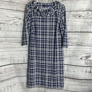 Katherine Way Navy and White Plaid Ruffle Neck Dress